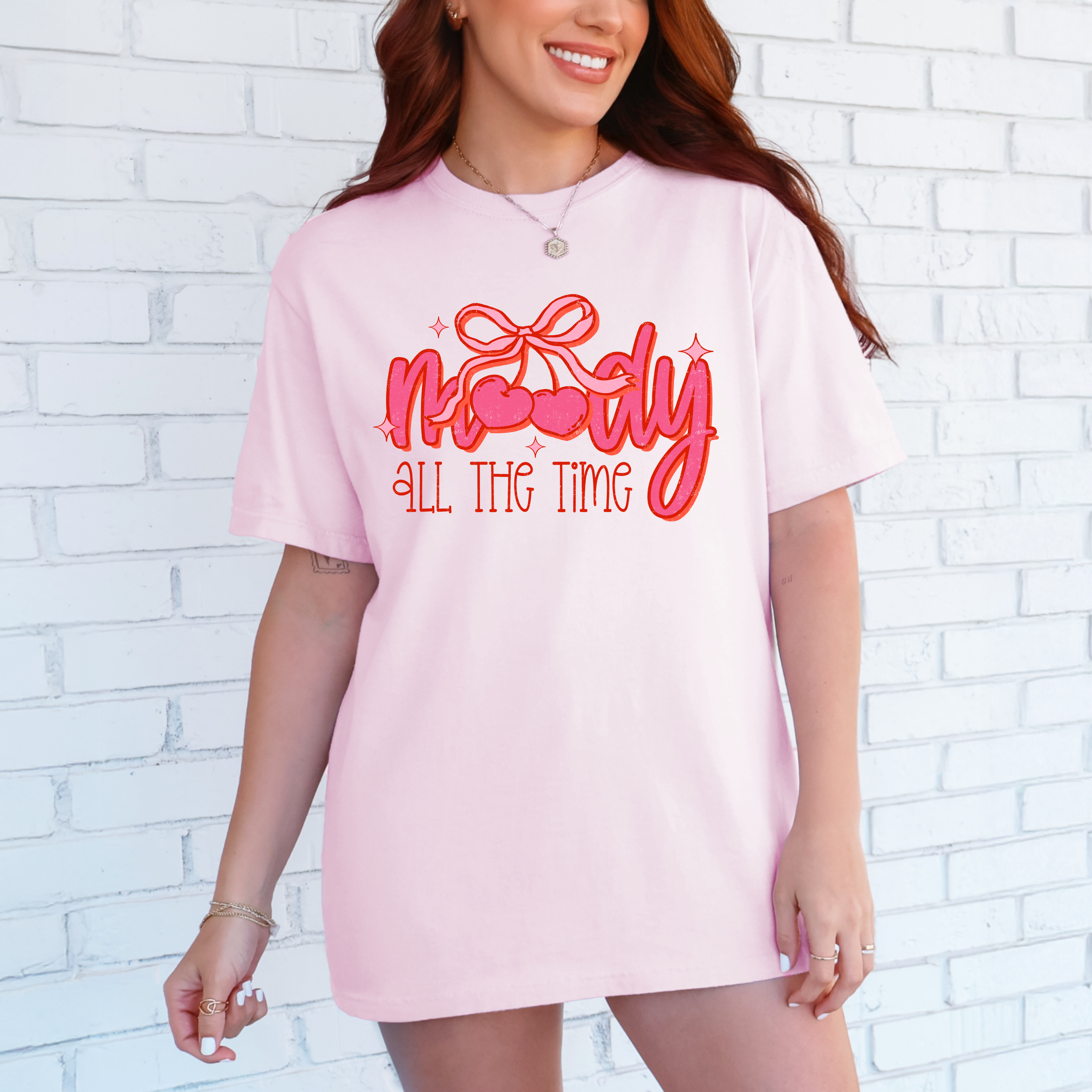 Moody All the Time Shirt, Comfort Colors Graphic Tee, Cute Pink Bow Shirt, Coquette Aesthetic Tee, Trendy Women's T-Shirt